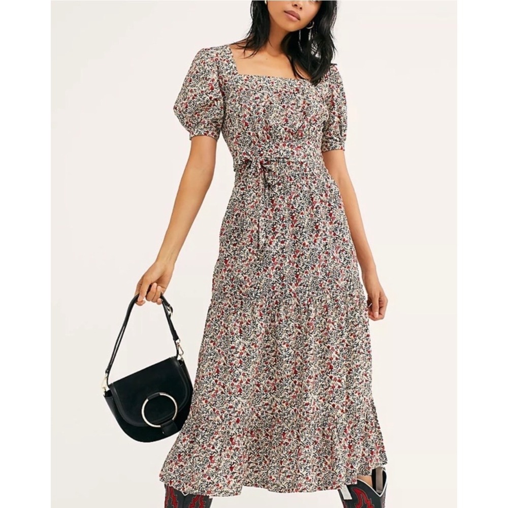Free People Floral Midi Dress Short Puff‎ Sleeve Square Neck Tiered Cotton XL